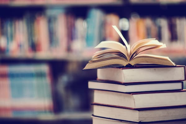 Book library with open textbook